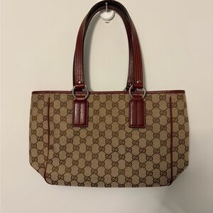 Gucci Beige GG Canvas Tote with Brown-Red Leather Trim